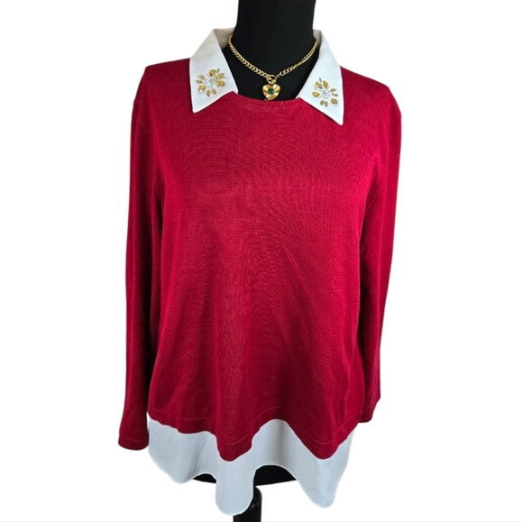 Investments Petite Red with White Collar & Hem Long Sleeves Sweatshirt - Size PL - Picture 2 of 7